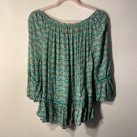 🔥 Democracy | Green/Orange Floral Patterned Boho Peasant Blouse Small - Picture 2 of 5